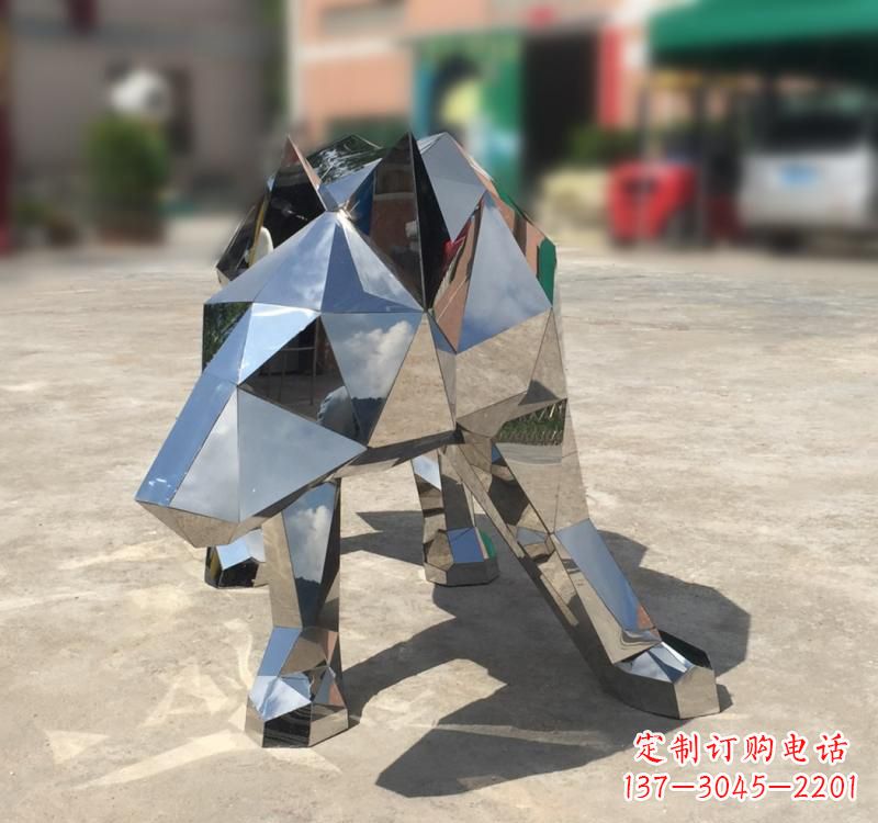 大连不锈钢园林动物几何狼雕塑
