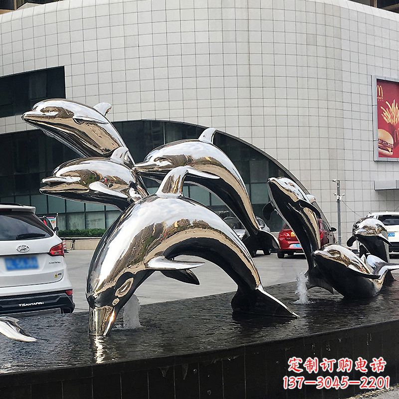 大连城市商场不锈钢镜面海豚水景景观雕塑摆件