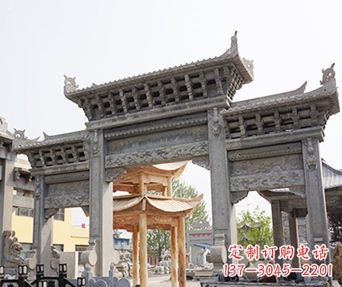 大连村庄大理石三门牌坊石雕