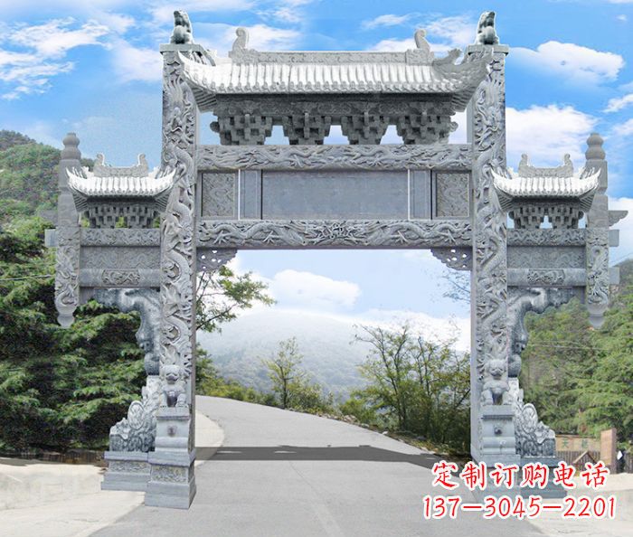 大连单门村口石雕牌坊 (3)
