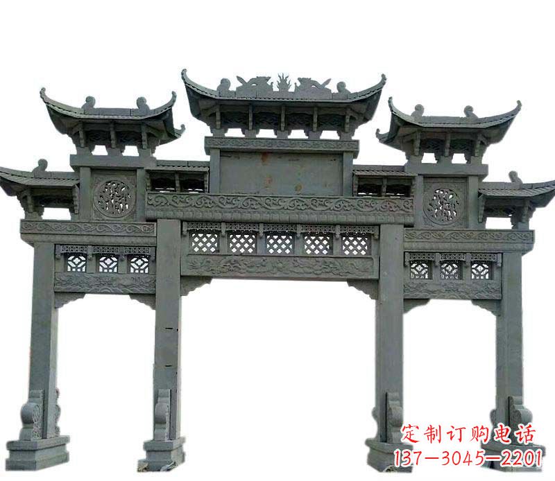 大连仿古三门大理石牌坊石雕