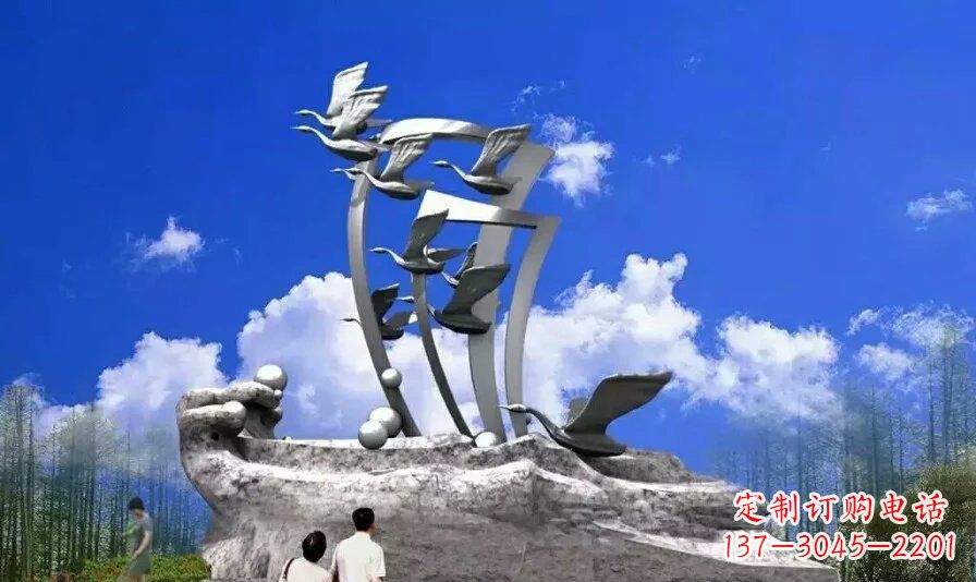 大连艺术家手工制作的不锈钢飞翔天鹅雕塑