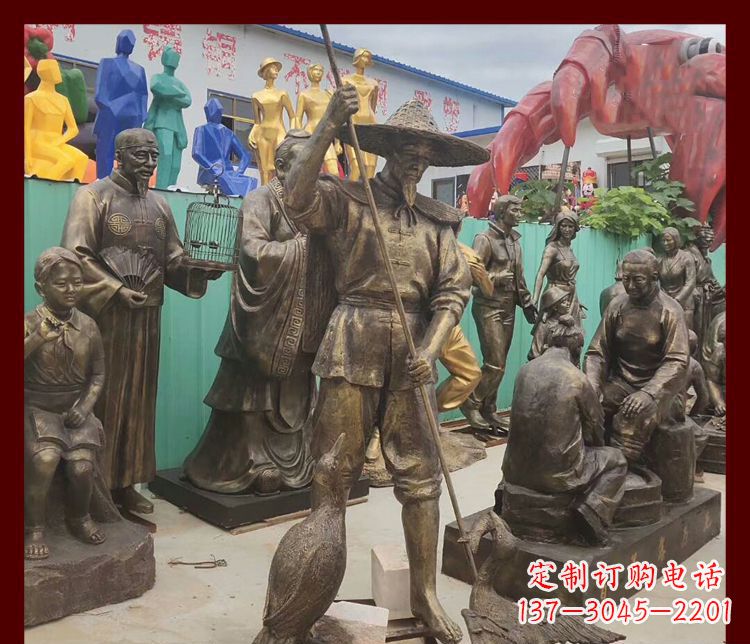 大连公园渔翁和鸬鹚铜雕