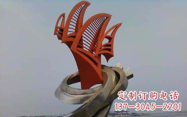 大连海边不锈钢海浪和帆船雕塑