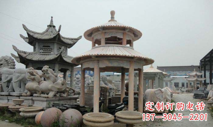 大连海边景观晚霞红圆顶石雕凉亭