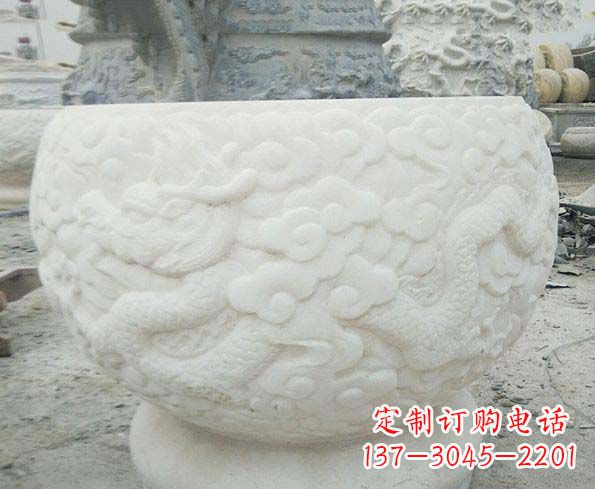 大连汉白玉龙浮雕招财水缸,让你家居多一份福气