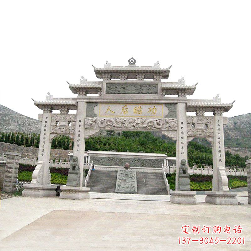大连景区汉白玉三门石雕牌坊