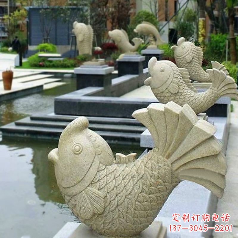 大连喷水鱼砂岩石雕-园林水池雕塑