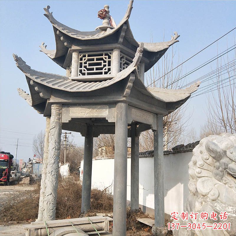 大连典雅精美的青石六角石凉亭雕塑