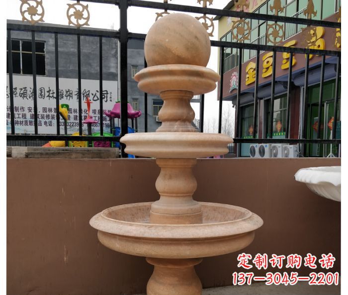 大连三层风水球晚霞红别墅石雕