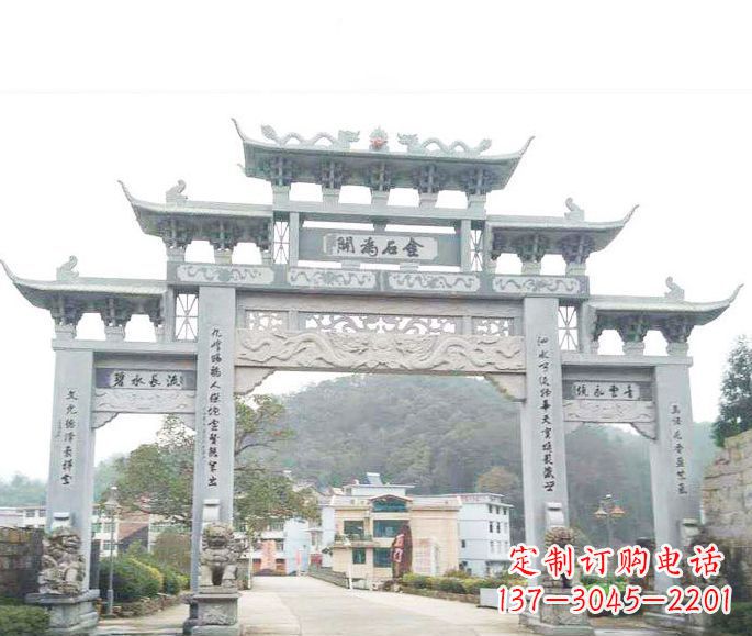 大连三门五楼石牌坊石雕——精美精致的多层次雕刻