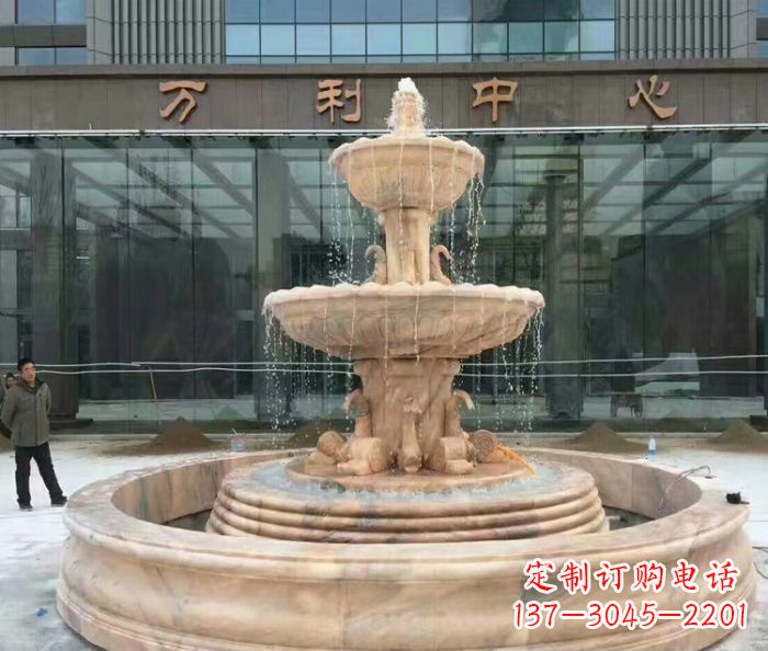 大连晚霞红三层欧式喷泉石雕—来自中领雕塑的艺术匠心品质