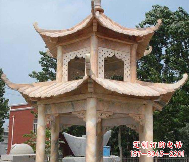 大连双层晚霞红凉亭石雕