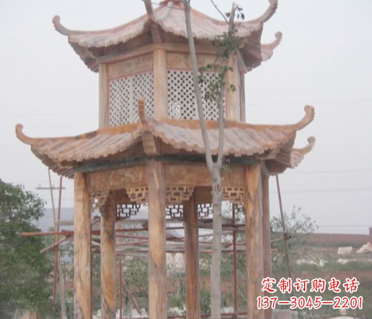 大连双层晚霞红石凉亭石雕 (2)