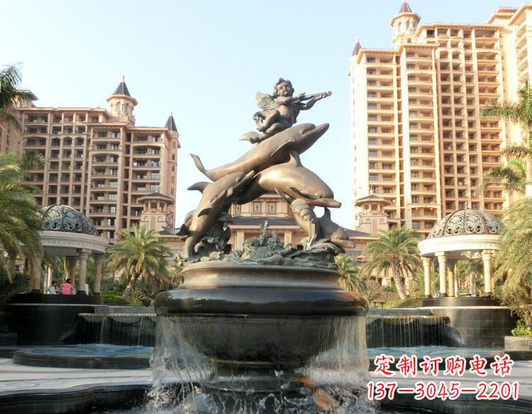 大连跳跃的海豚和小天使喷泉铜雕