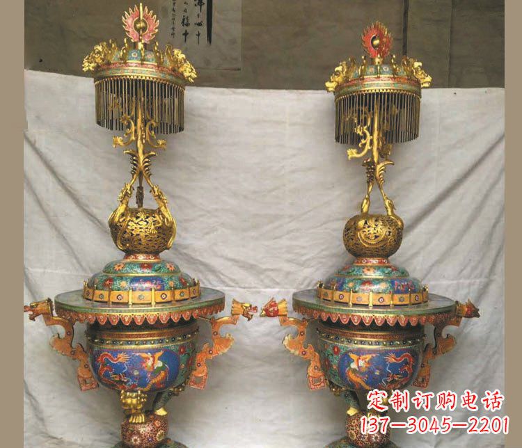 大连铜雕彩绘香炉景观摆件