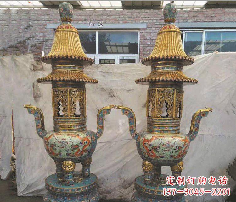 大连铜雕景泰蓝香炉雕塑摆件