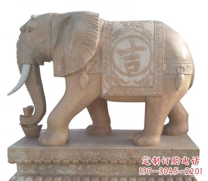 大连晚霞红吉祥如意大象石雕 (4)