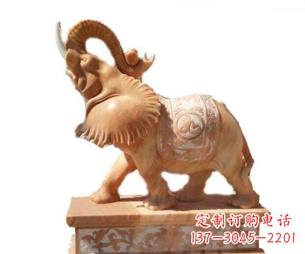 大连晚霞红吉祥如意象鼻朝天的大象石雕