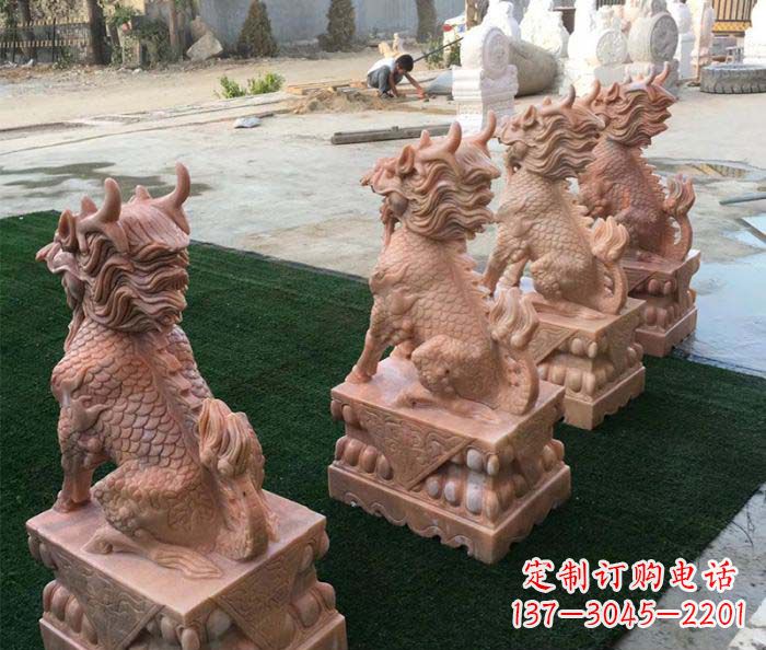 大连晚霞红麒麟招财镇宅石雕