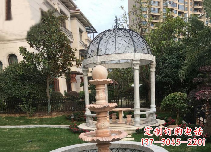 大连晚霞红三层风水球喷泉小区石雕