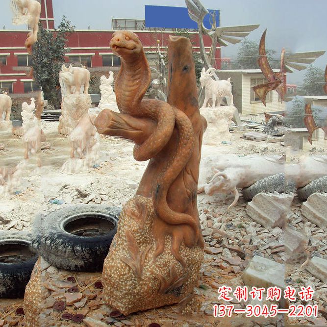 大连晚霞红蛇石雕-12生肖动物雕塑