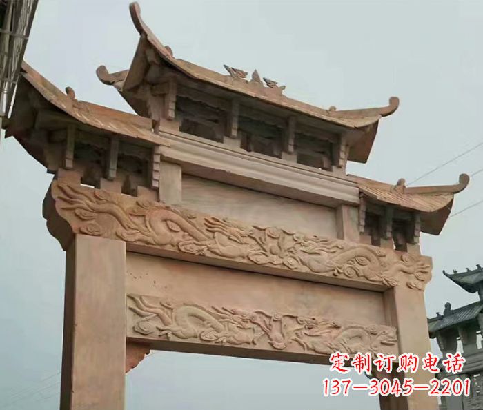 大连晚霞红石雕单门牌坊