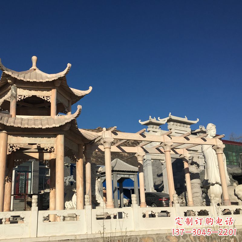 大连晚霞红石雕凉亭花架