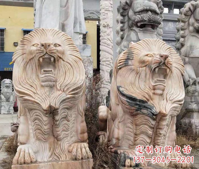 大连晚霞红石雕欧式石狮子