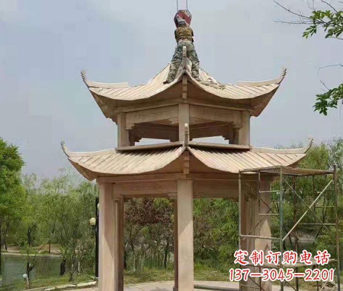 大连晚霞红双层凉亭石雕 (2)