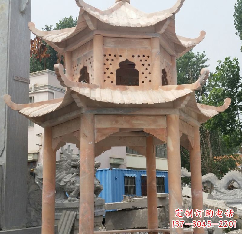 大连晚霞红双层六角凉亭石雕 (2)