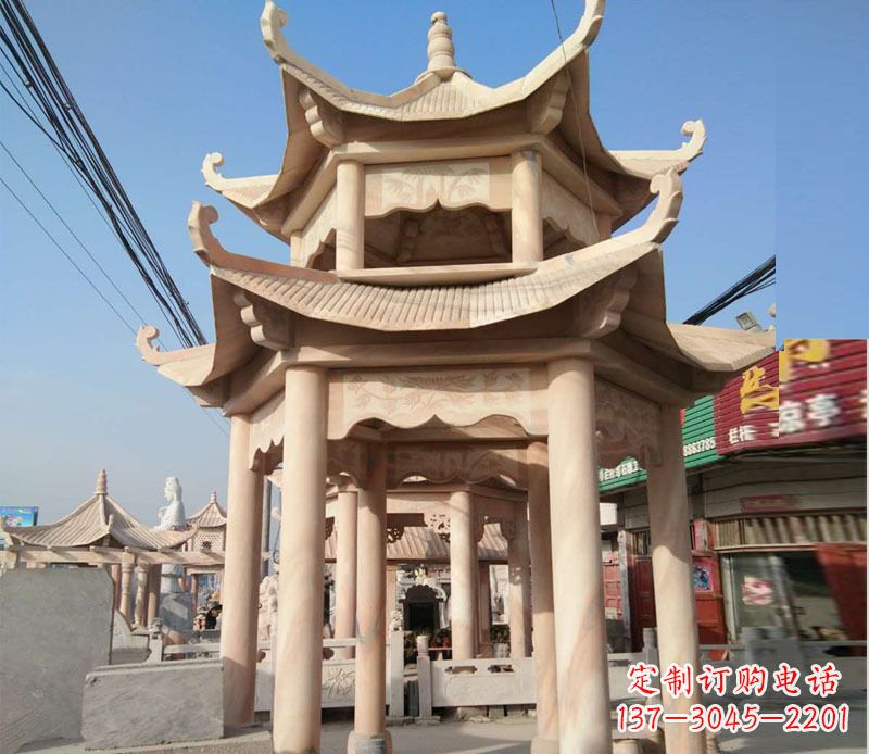 大连晚霞红双层六角凉亭石雕 (3)
