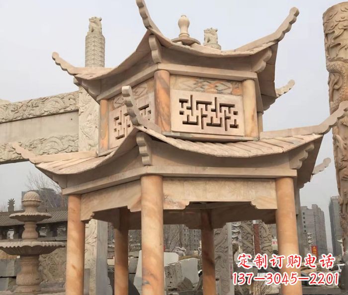 大连晚霞红双层石雕凉亭