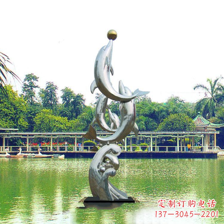 大连戏球不锈钢海豚雕塑-园林水景动物景观