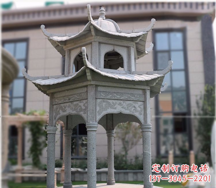 大连小区大理石六角石雕双层凉亭