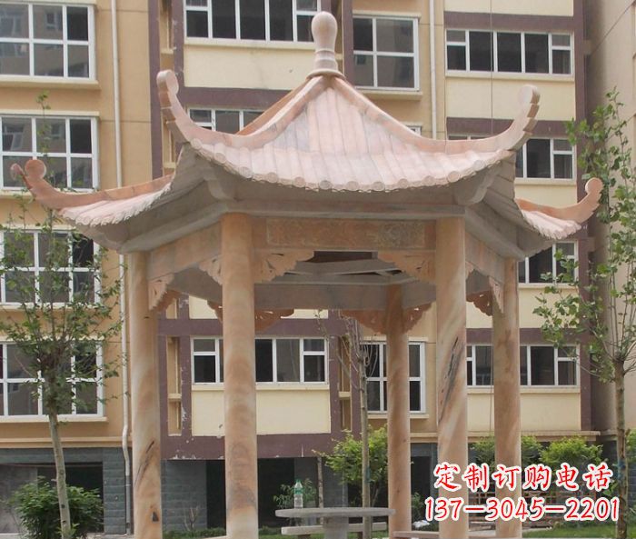 大连小区晚霞红六角凉亭石雕