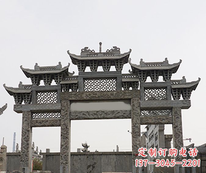 大连园林仿古三门牌坊石雕 (4)