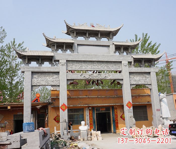 大连园林仿古三门牌坊石雕 (5)