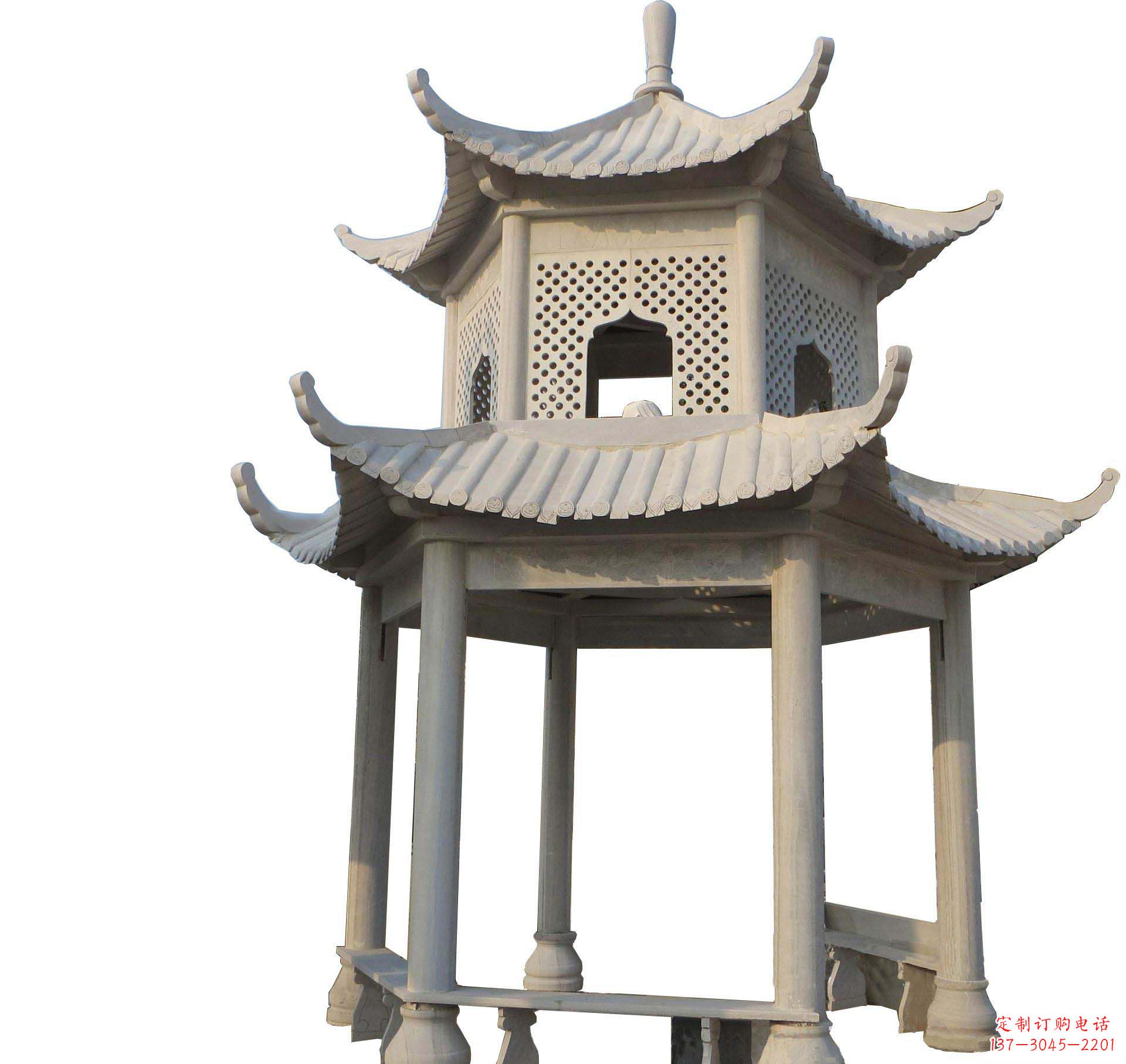 大连园林景观大理石六角石雕双层凉亭