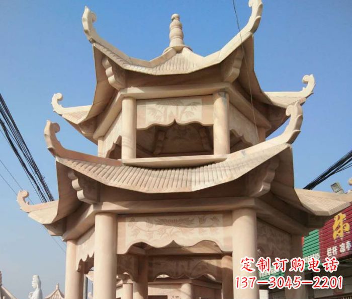 大连园林景观晚霞红双层石雕凉亭 (2)